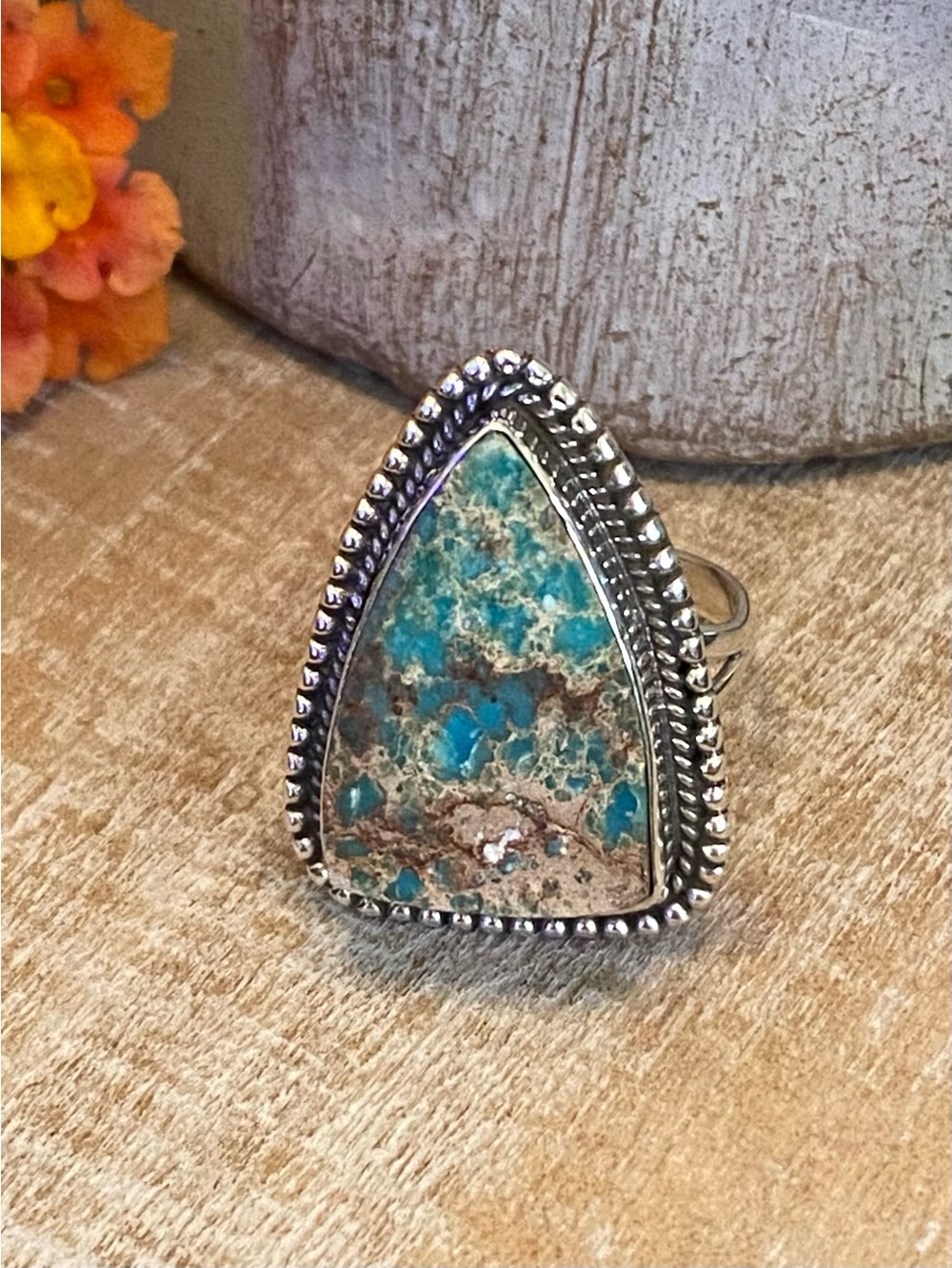 Sea Sediment Jasper southwestern style rodeo ring 925 sterling silver size 6